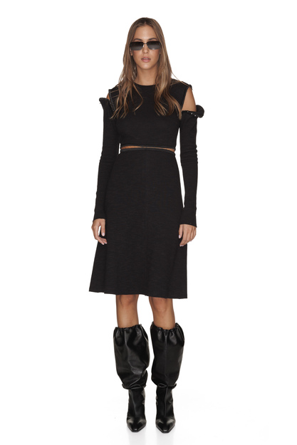 Ribbed Knit Black Cotton Dress With Details