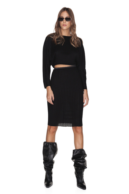 Ribbed Knit Black Cotton Dress With Backless