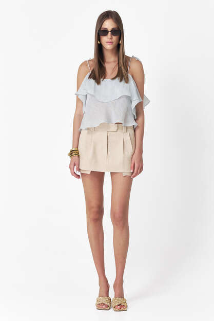 Beige Raw-Cut Cotton-Linen mini Skirt