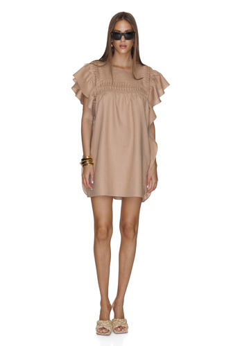 Beige Linen Oversized Mini Dress With Ruffles - PNK Casual