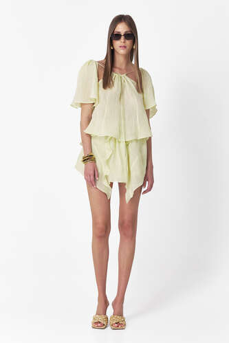 Yellow-Green Linen Skirt With Ruffles - PNK Casual