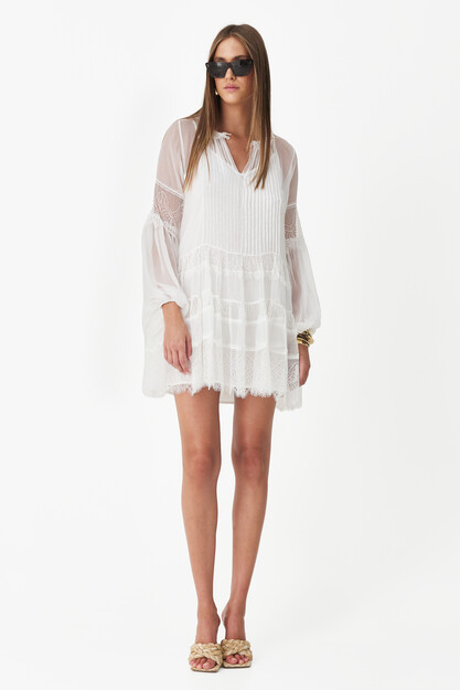 White Silk Mini Dress With Chantilly Insertions