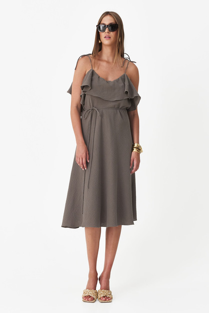 Backless Kaki Cotton Midi Dress