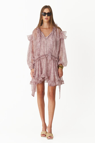 Floral Pink Silk Dress With Ruffles - PNK Casual