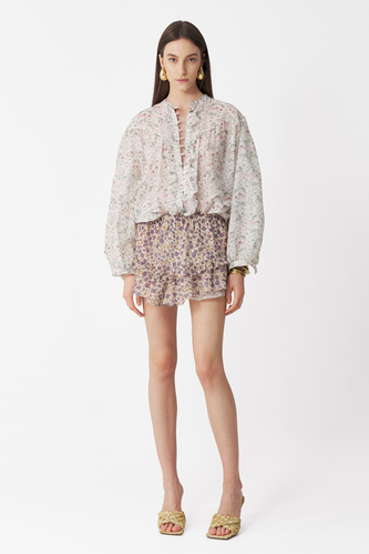 White Printed Cotton-Silk Blouse - PNK Casual