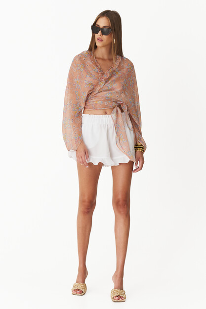 Brick-Orange Wrap Printed Linen-Silk Blouse