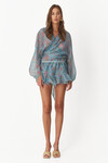 Blue Wrap Printed Linen-Silk Blouse