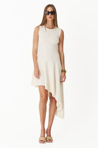 Asymmetrical Off-White Ribbed Cotton Dress - PNK Casual