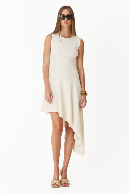 Asymmetrical Off-White Ribbed Cotton Dress