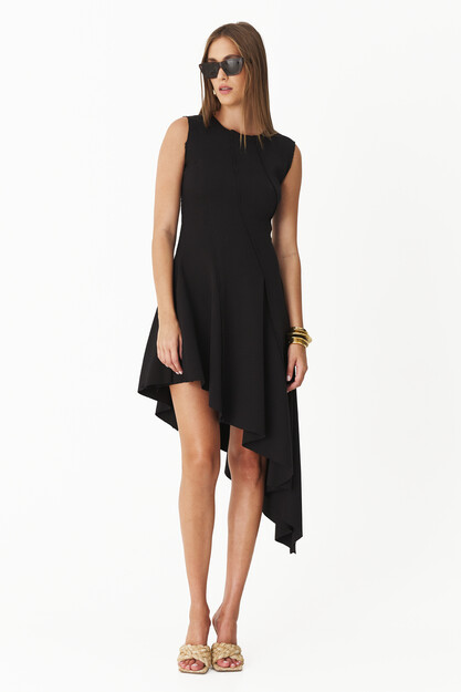 Asymmetrical Black Ribbed Cotton Dress
