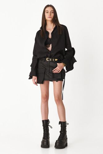 Black Linen Shirt With Ruffles Sleeves - PNK Casual