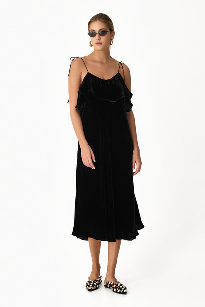 Black Backless Velvet Midi Dress