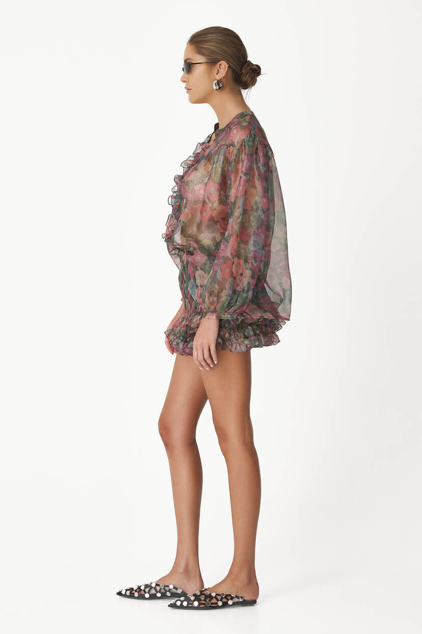 Floral-Print Green Ruffled Silk Shorts - SS24 - PNK Casual
