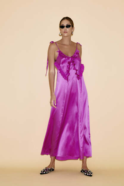 Backless Fuchsia Silk Midi Dress With Ruffles