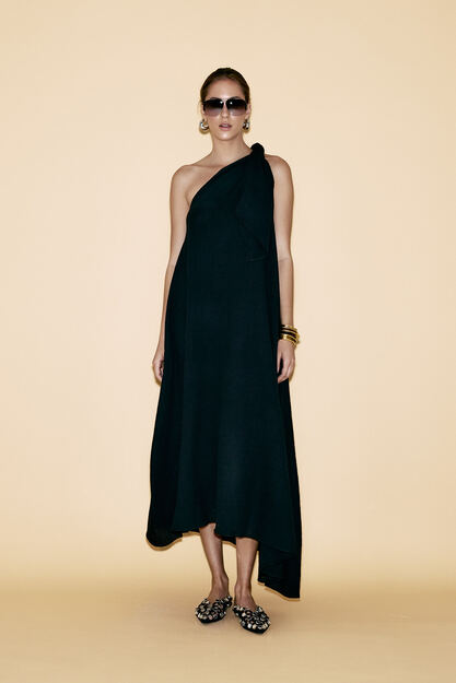 One Shoulder Black Midi Dress