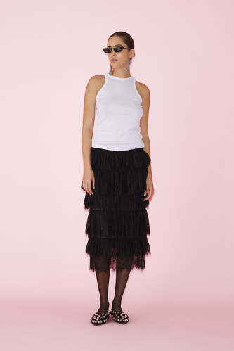 Black Lace Midi Skirt With Ruffles - SS25 - PNK Casual