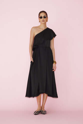 One Shoulder Black Viscose Midi Dress - SS25 - PNK Casual