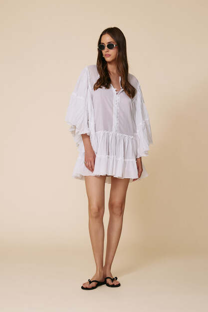 White Mini Dress With A relaxed Fit And Ruffle Details - SS25