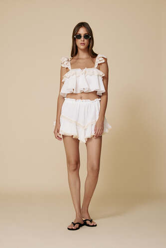 Cropped top with delicate ruffles and lace straps - SS25 - PNK Casual