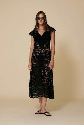Black Midi Lace Dress With Ruffled Neckline - SS25 - PNK Casual