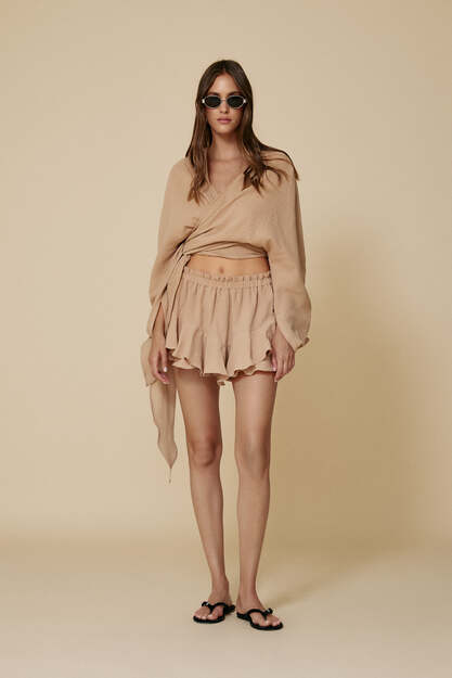 Beige Cotton Wrap Linen Blouse - SS25