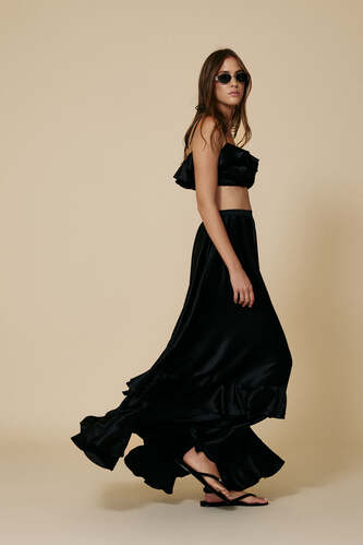 Black Silk Maxi Skirt With Ruffles - SS25 - PNK Casual