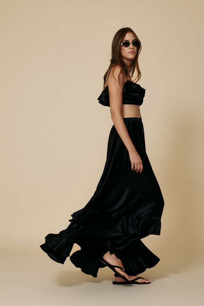 Black Silk Maxi Skirt With Ruffles - SS25