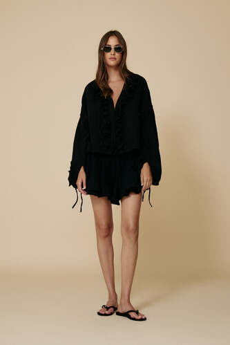 Black Cotton Oversized Shirt With Ruffled Detail - SS25 - PNK Casual