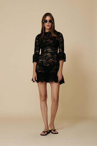Black Mini Lace Dress With Three-Guarter Flared Sleeves - SS25 - PNK Casual