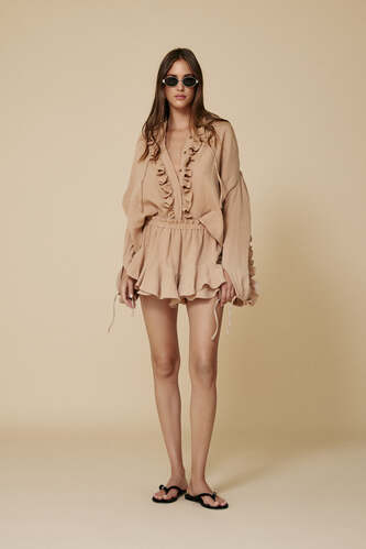 Beige Cotton Oversized Shirt With Ruffled Detail - SS25 - PNK Casual