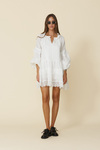White Linen Mini Dress With Lace Inserts - FW25