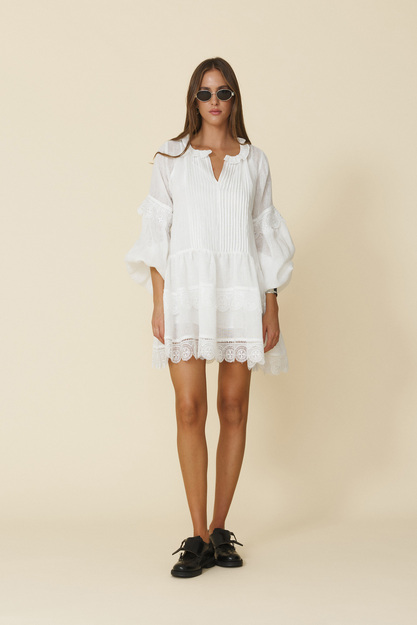 White Linen Mini Dress With Lace Inserts - FW25