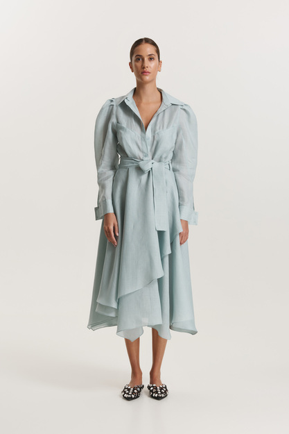 Aqua Ruffled Linen Midi Dress - FW25