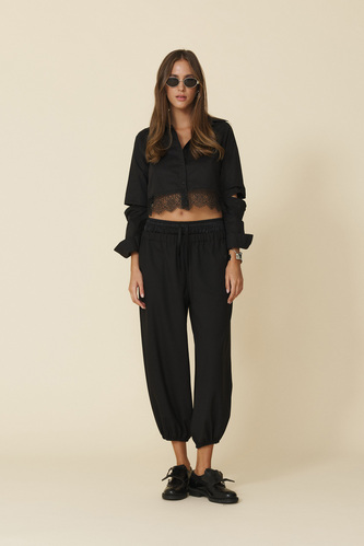Black Cotton Cropped Shirt With Lace - FW25 - PNK Casual
