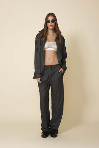 Grey Striped Relaxed-Fit Trousers With Elasticated Hems - FW25 - PNK Casual