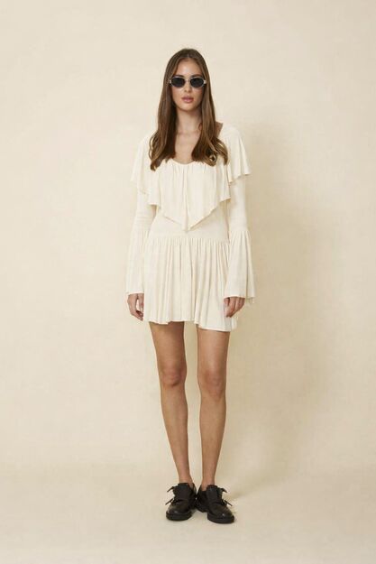 Off-White Mini Dress With A Relaxed Fit And Long Flared Sleeves