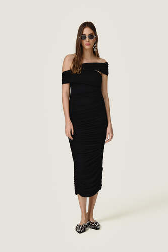 Black midi dress with a draped design - SS26 - PNK Casual
