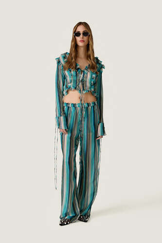 Silk-Viscose Blouse with Turquoise Stripes - Limited Edition - PNK Casual