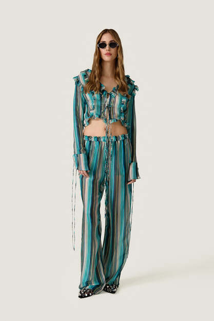 Silk-Viscose Blouse with Turquoise Stripes - Limited Edition