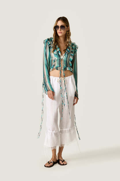 Silk-Viscose Blouse with Turquoise Stripes - Limited Edition