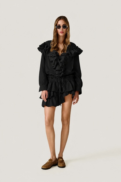 Black Blouse With Ruffled Details - SS26