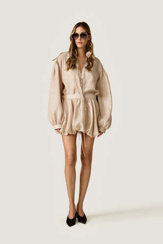 Beige Oversized Blouse with Drawstrings - PNK Casual