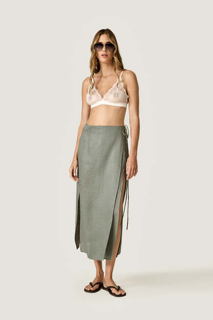 Kaki Linen Wrap Midi Skirt