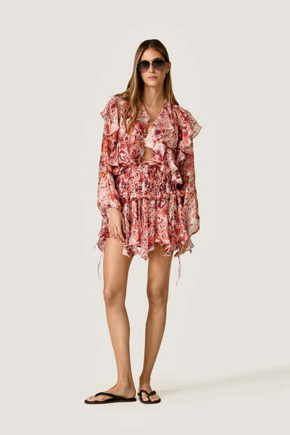 Floral Silk Blend Ruffle Blouse