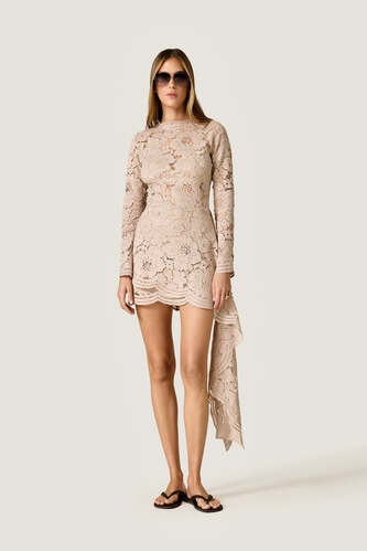 Beige Lace Mini Dress With Overlay Detail - PNK Casual