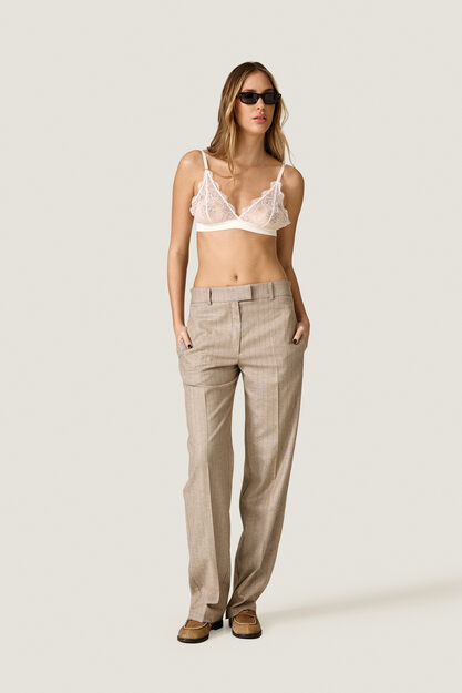 Beige Straight-Leg Fine Check Trousers