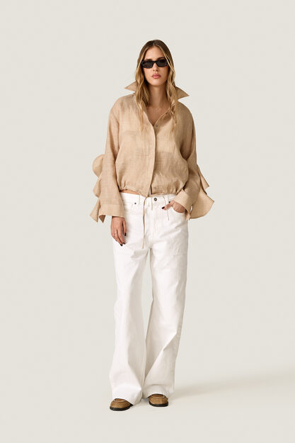 Beige Blouse with Ruffles and Waist Tie