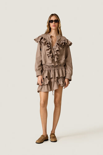 Taupe Beige Blouse With Ruffled Details - PNK Casual