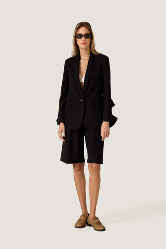 Black Blazer with Sculptural Ruffle Sleeves - PNK Casual
