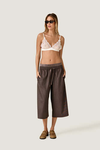 Brown Culotte Trousers with Satin Waistband Detail - PNK Casual